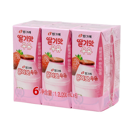 【好乐源】韩国进口 宾格瑞草莓味牛奶饮料200ml*6香滑口感